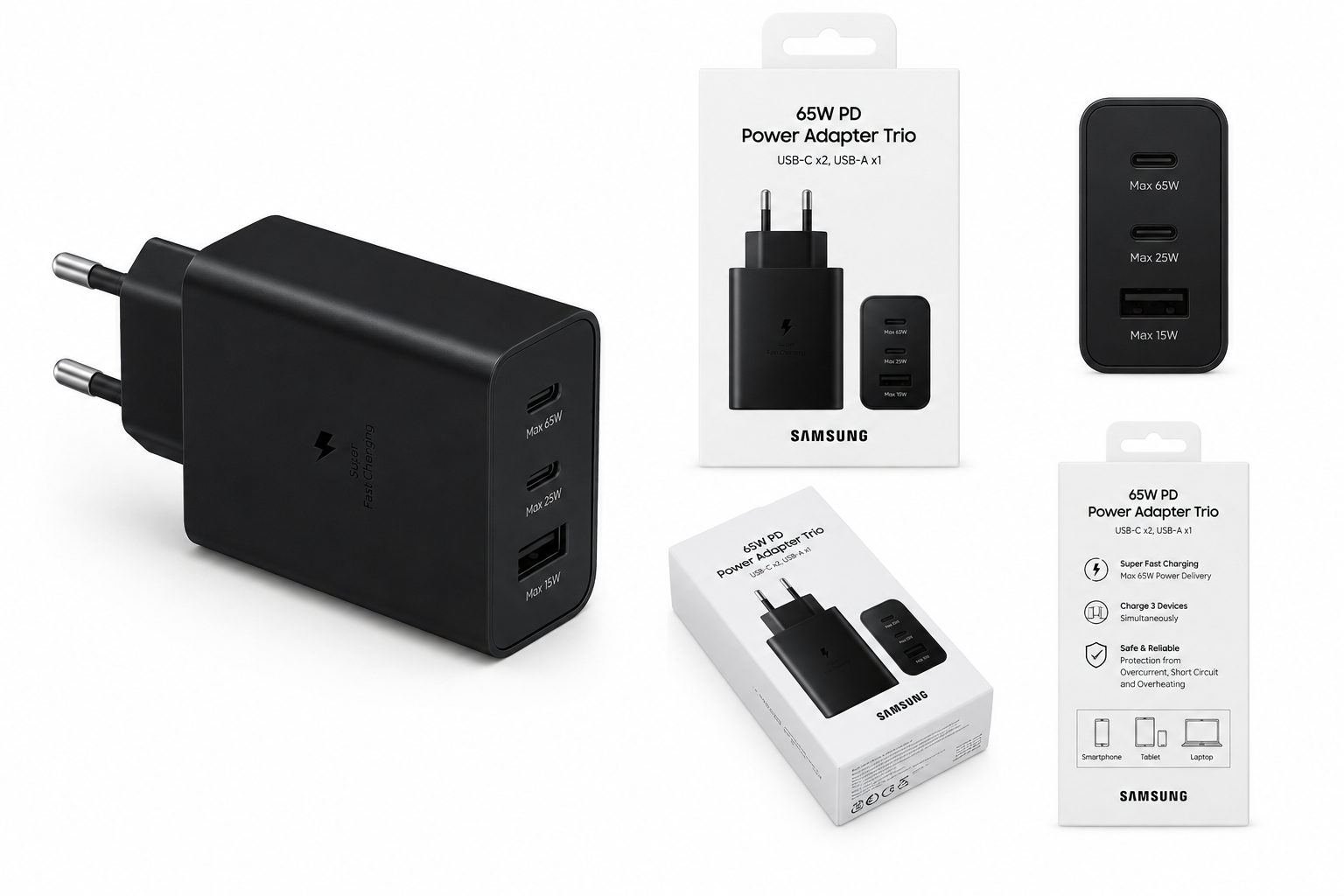 Samsung 65W Power Adapter Trio – 2x USB-C & 1x USB-A Super Fast Charger – Zwart (Retail)