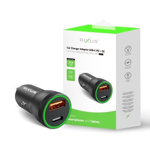 Rixus RXCC11 USB-C PD + QC Autolader 20W – Zwart