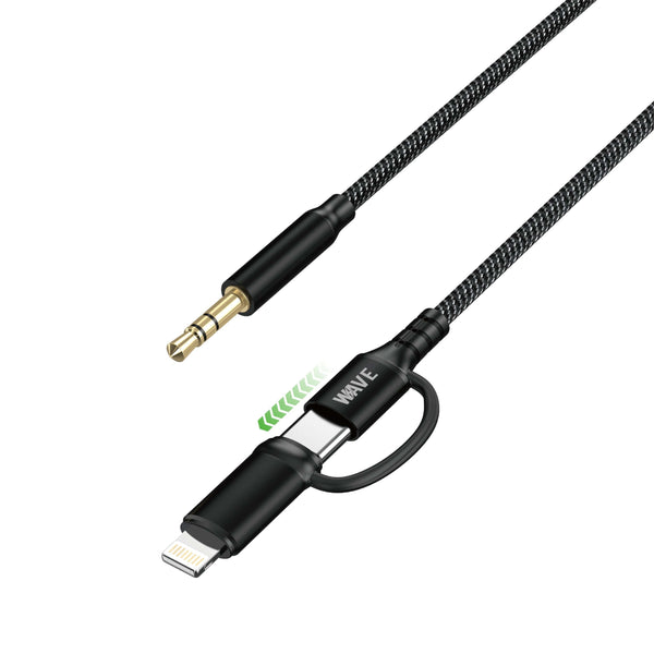Wave WA-348 2-in-1 Lightning/USB-C naar 3,5 mm AUX-kabel – zwart