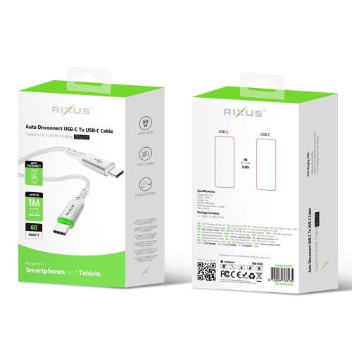 Rixus RXUC21C Auto Disconnect USB-C naar USB-C kabel 1m 60W wit – verpakking