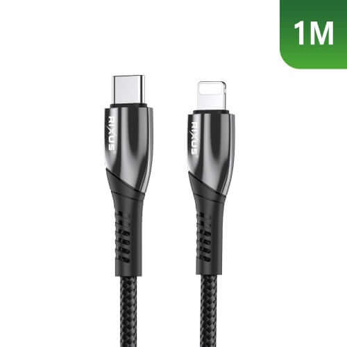 Rixus RXUC30L USB-C naar Lightning datakabel met metalen afwerking, 1 meter lang, kleur: metaalgrijs.