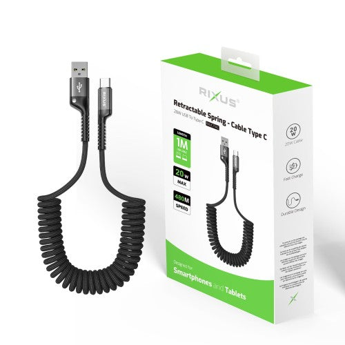 Rixus RXUC17AC intrekbare USB-A naar USB-C spiraalkabel zwart – kabeldetail