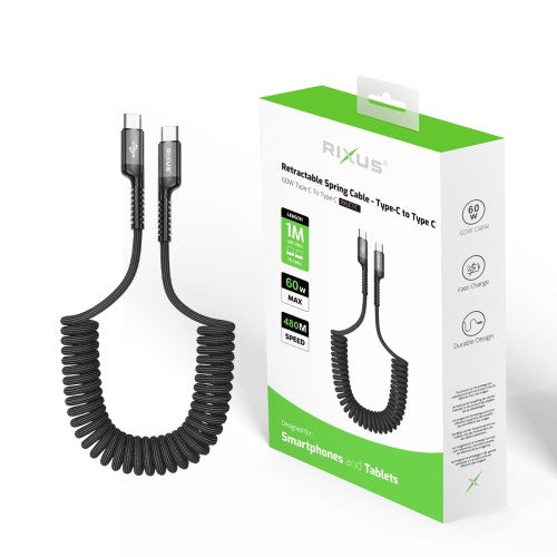 Rixus RXUC17C intrekbare USB-C naar USB-C spiraalkabel zwart – productdetail