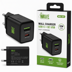 Wave WA-101 Snellader 20W – USB-C PD + USB-A QC 3.0 Wandlader – Zwart - Laad Centrum