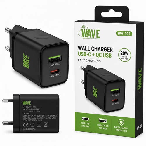 Wave WA-101 Snellader 20W – USB-C PD + USB-A QC 3.0 Wandlader – Zwart - Wave by Laad Centrum