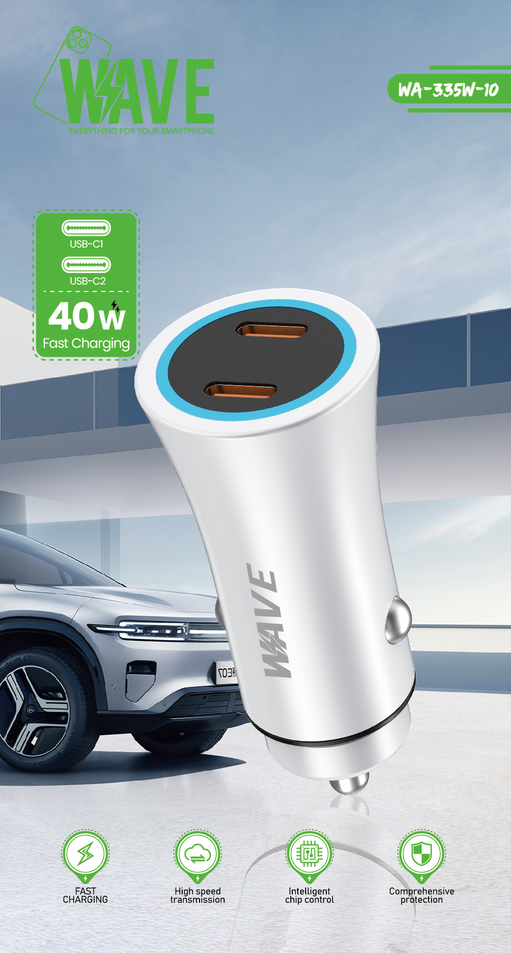 Wave WA-335W-10 Fast Car Charger Dual Type-C Port 40W With PD Cable (wit)