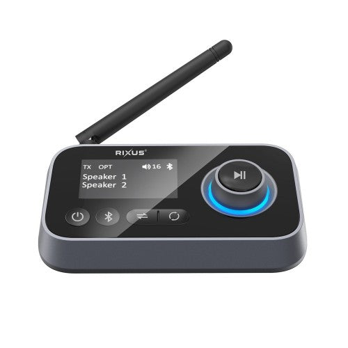 Rixus RXBT38 Bluetooth ontvanger zwart met antenne en display voor draadloze audio verbinding.