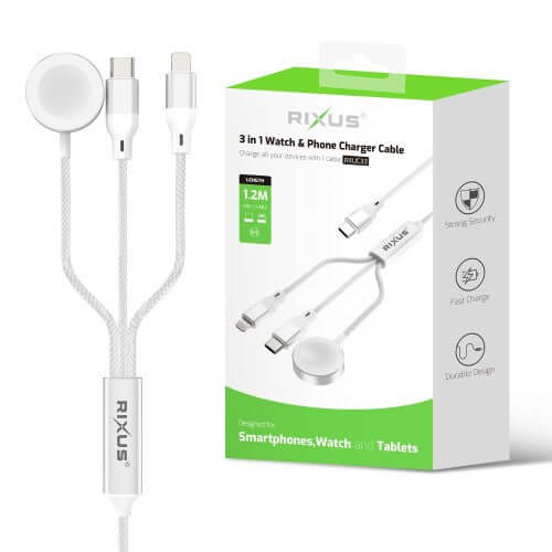 Rixus RXUC33 3-in-1 oplaadkabel voor telefoon en smartwatch, 1,2m kabel met 60W vermogen en witte kleur.