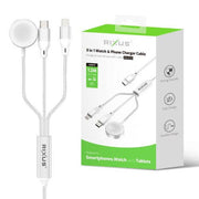 Rixus RXUC33 3-in-1 oplaadkabel voor telefoon en smartwatch, 1,2m kabel met 60W vermogen en witte kleur.