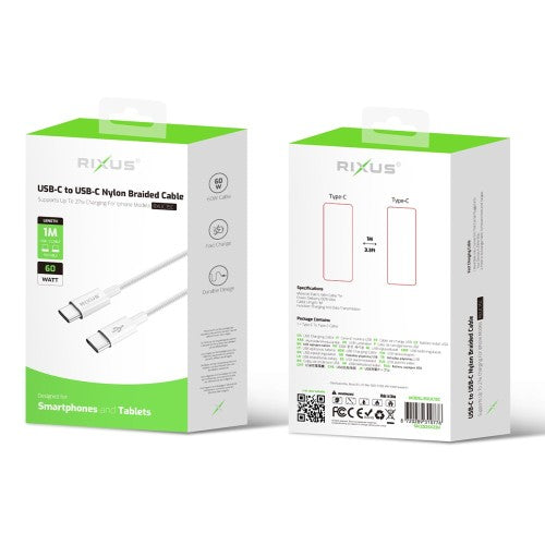 Rixus RXUC15C USB-C naar USB-C nylon kabel 1m 60W wit – verpakking