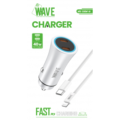 Wave WA-335W-10 Fast Car Charger Dual Type-C Port 40W With PD Cable (wit)