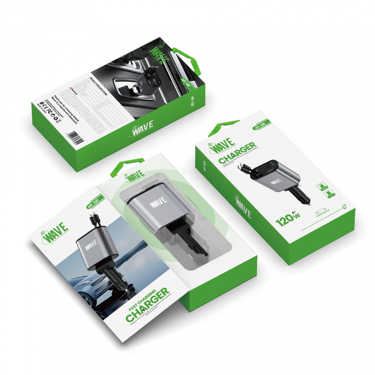 Wave WA-329 Car Charger Dual Port 120W Met Type-C & Lightning Cable (Black)
