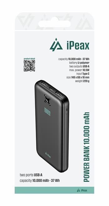 iPeax Powerbank 10.5W – 10.000 mAh – Dual USB-A – Zwart