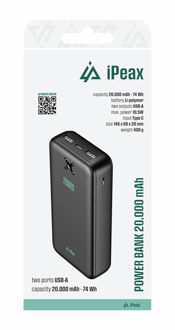 iPeax Dual USB-A Powerbank 10.5W – 20.000 mAh – Zwart