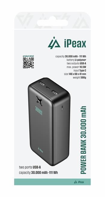 iPeax Dual USB-A Powerbank 10.5W – 30.000 mAh – Zwart