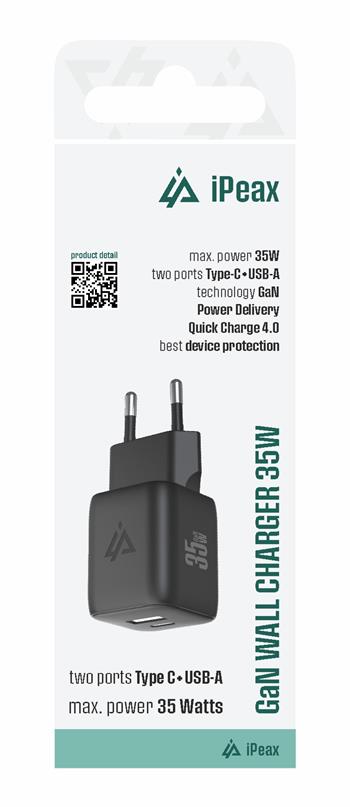 iPeax GaN USB-C + USB-A Wandoplader 35W – Zwart – 90010127
