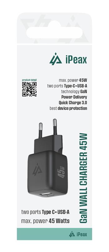 iPeax GaN USB-C + USB-A Wandoplader 45W – Zwart – 90010128