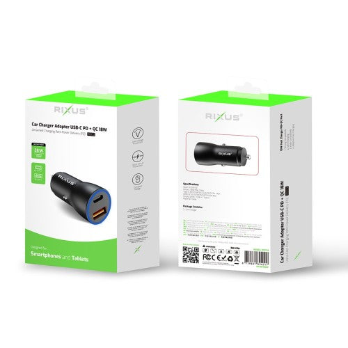 Rixus RXCC12 USB-C PD + QC 3.0 Autolader 38W – Zwart