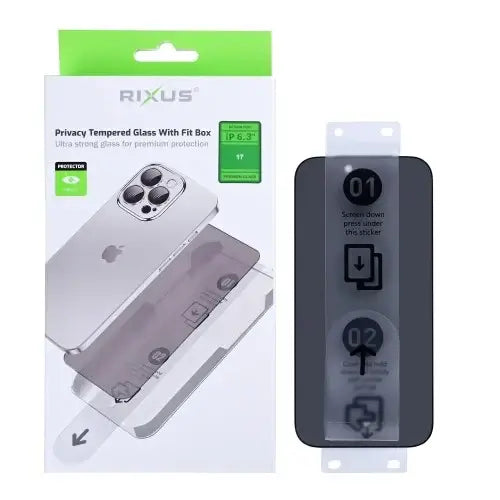 Rixus privacy screenprotector voor iPhone 17 met Fit Box voor eenvoudige installatie en extra privacy bescherming.