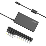Rixus RXLC09 universele laptop oplader 90W zwart met verschillende aansluitstukken en voedingskabel.