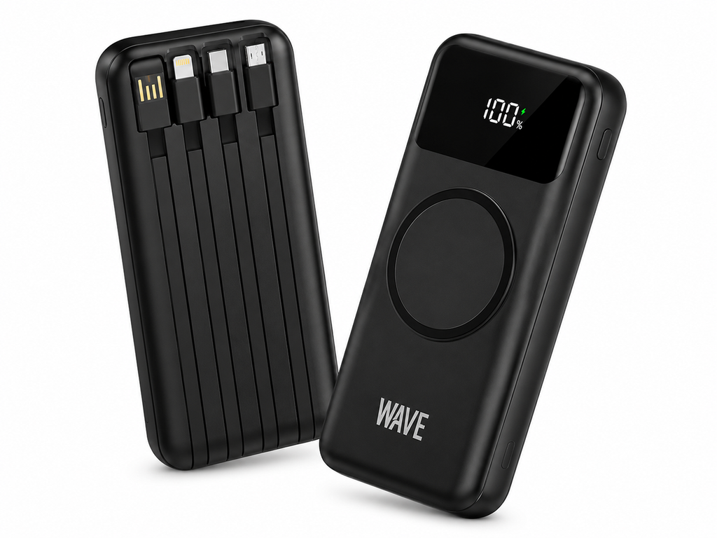 Wave WA-91 MagSafe Powerbank 20000mAh – Draadloos Opladen met 4 Geïntegreerde Kabels – Zwart