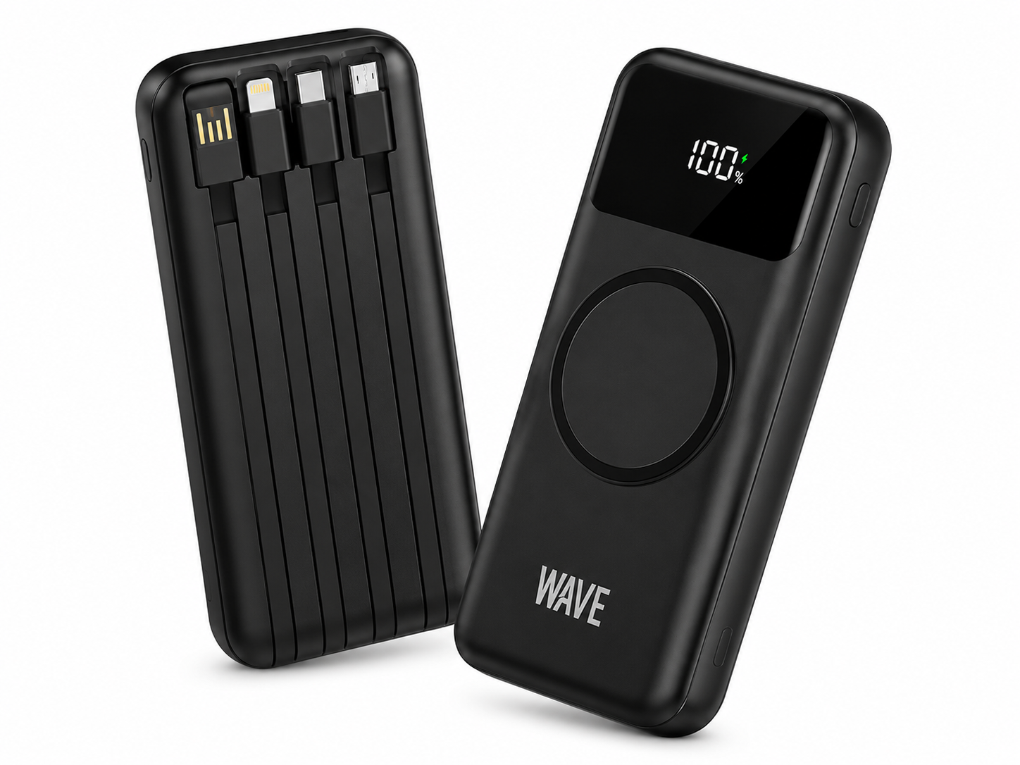 Wave WA-91 MagSafe Powerbank 20000mAh – Draadloos Opladen met 4 Geïntegreerde Kabels – Zwart