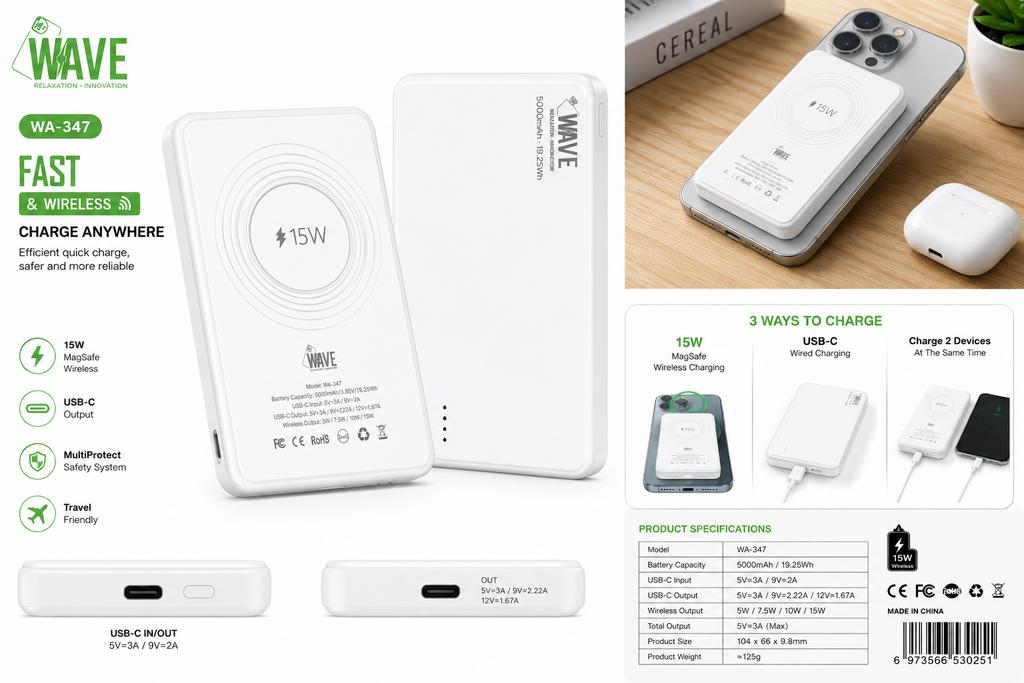 Wave WA-347 MagSafe Powerbank 5000mAh – 15W Draadloos Oplade n en – & USB-CSnelladWit