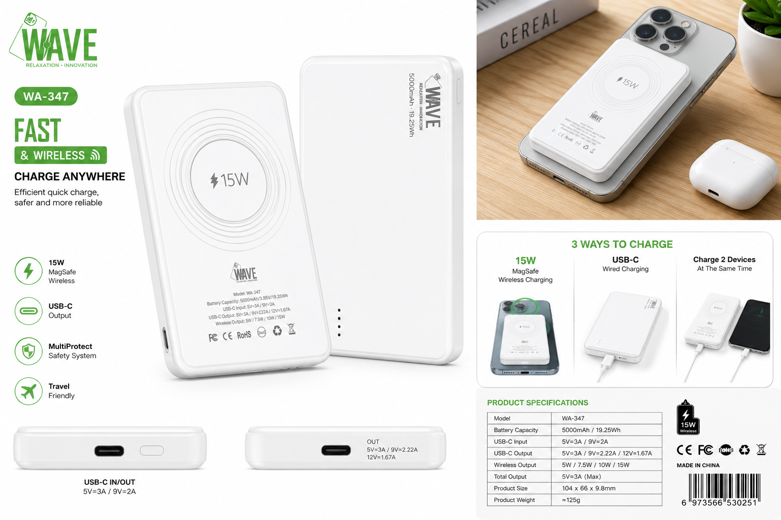 Wave WA-347 MagSafe Powerbank 5000mAh – 15W Draadloos Oplade n en – & USB-CSnelladWit