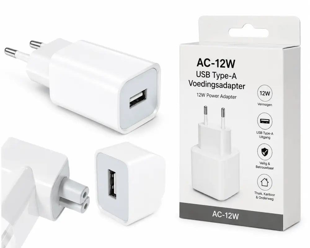 AC-12W USB-A Voedingsadapter – Compacte 12W Wandlader in Wit - Wave