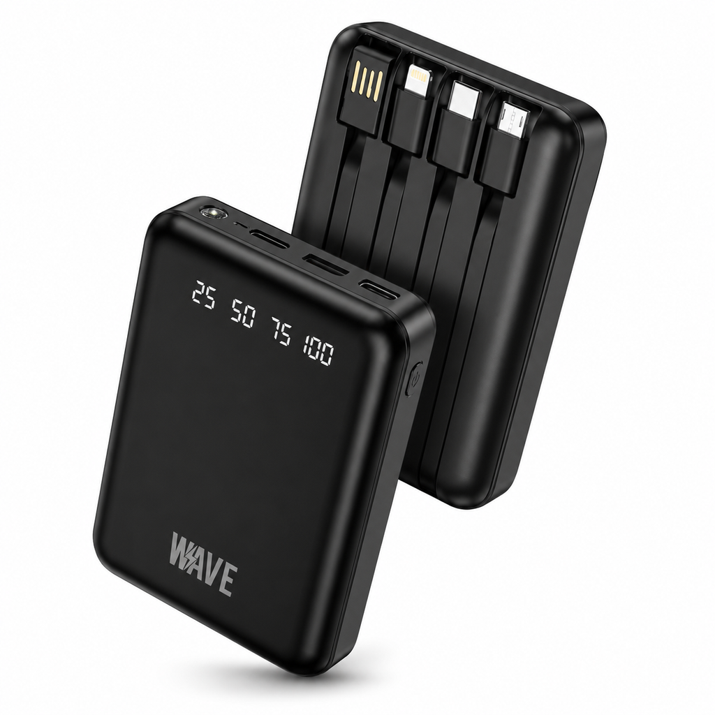 Wave WA-88B Mini Portable Powerbank 4500mAh – 4 Geïntegreerde Kabels – Zwart