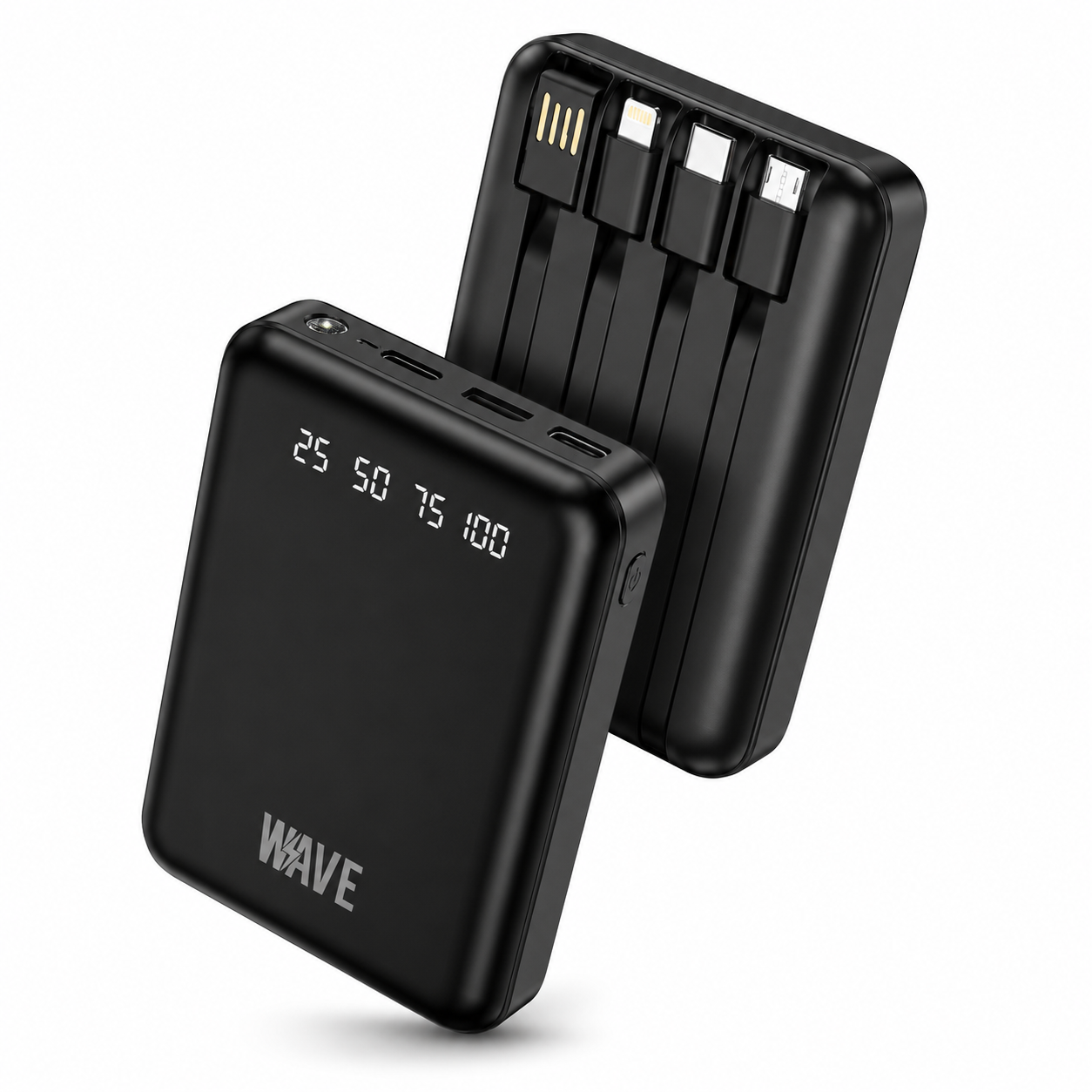 Wave WA-88B Mini Portable Powerbank 4500mAh – 4 Geïntegreerde Kabels – Zwart