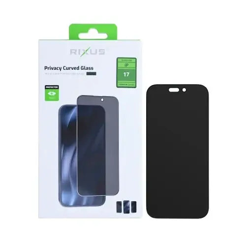 Rixus Privacy screenprotector iPhone 17 met Full Curved Edge verpakking en productweergave.