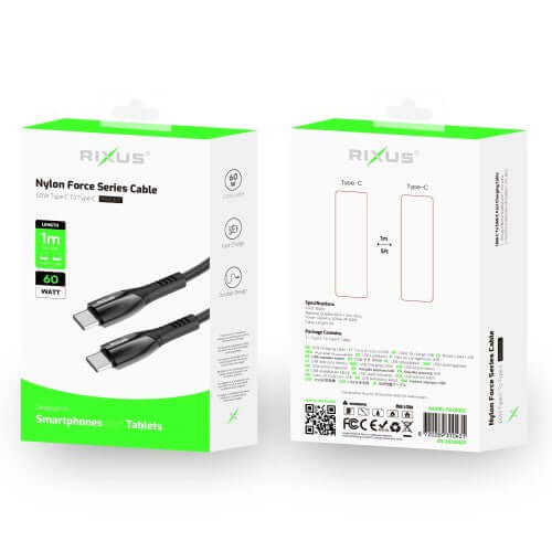 Rixus Nylon Force Series USB-C datakabel met metalen afwerking, 1m, geschikt voor smartphones en tablets.