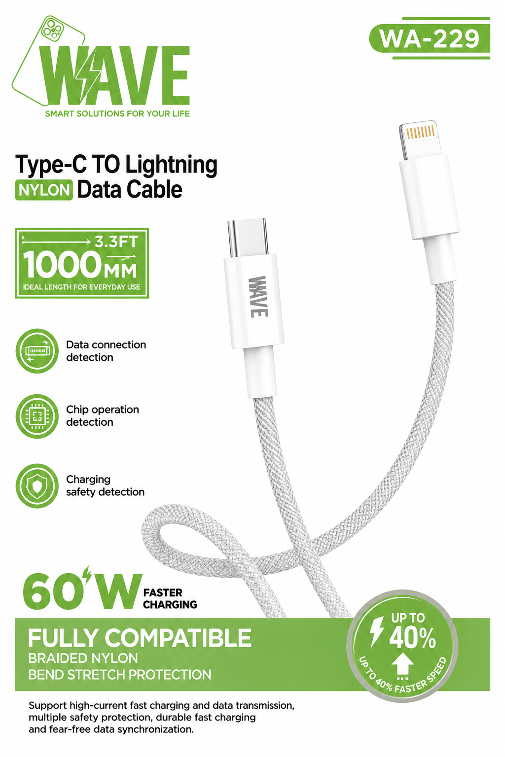 Wave WA-229 USB-C naar Lightning Nylon Snellaadkabel 60W – 1 Meter – Wit