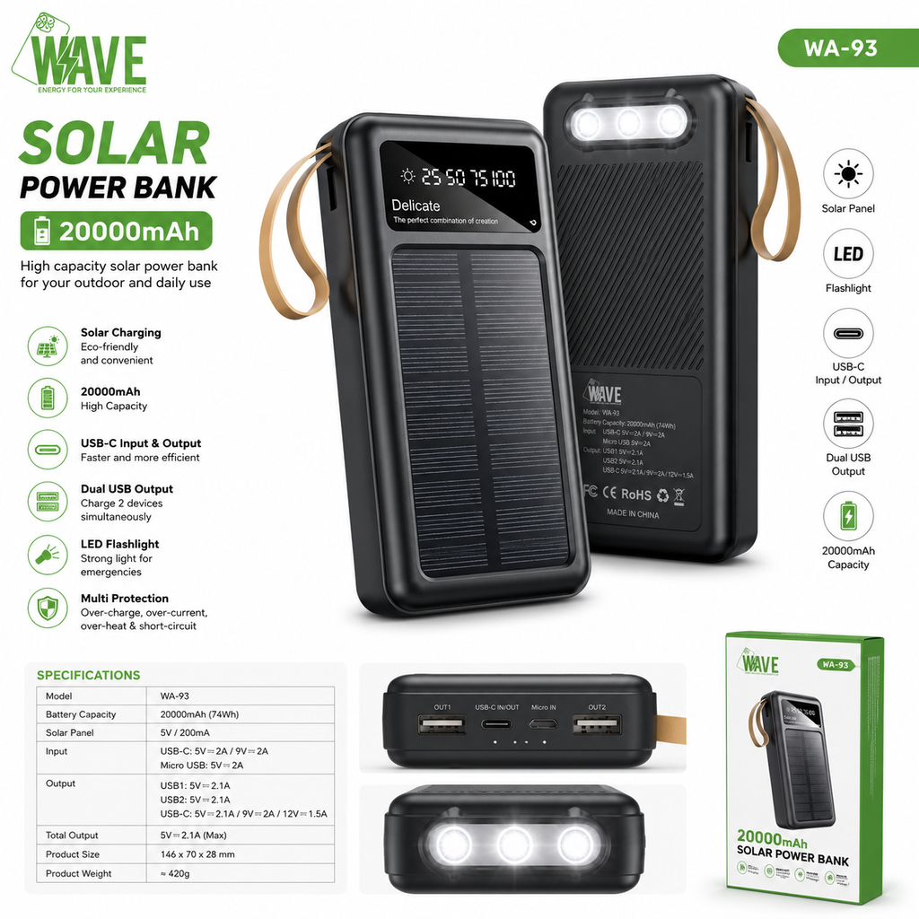 Wave WA-93 Solar Powerbank 20000mAh – Zwart – Dual USB, USB-C & LED Zaklamp