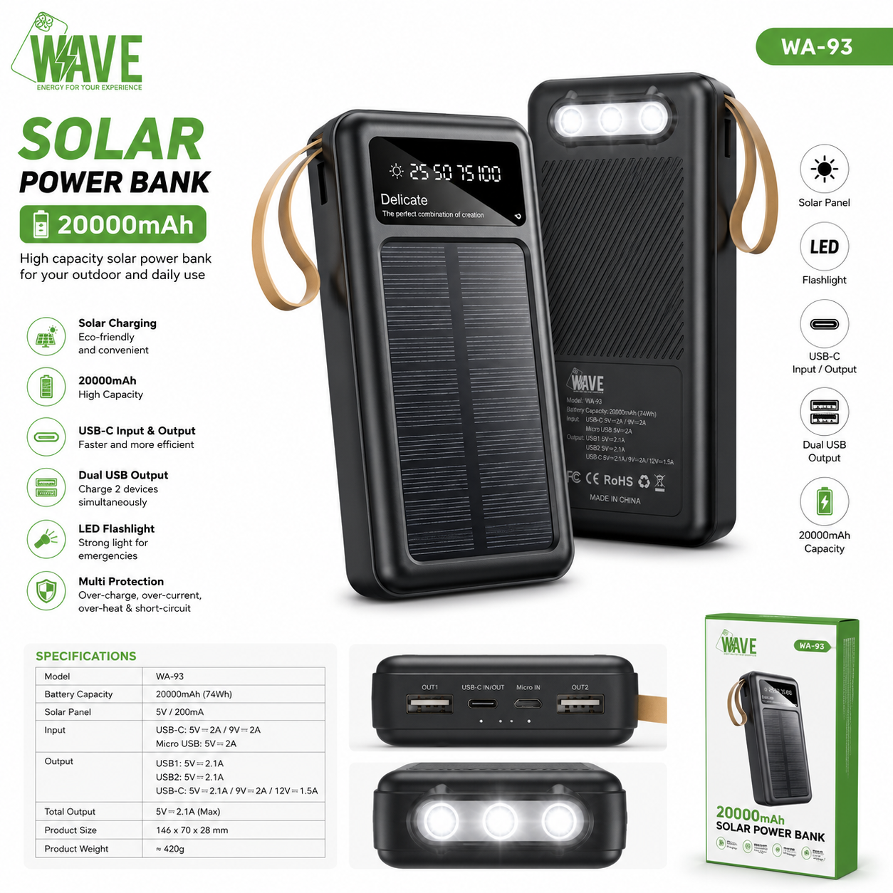Wave WA-93 Solar Powerbank 20000mAh – Zwart – Dual USB, USB-C & LED Zaklamp