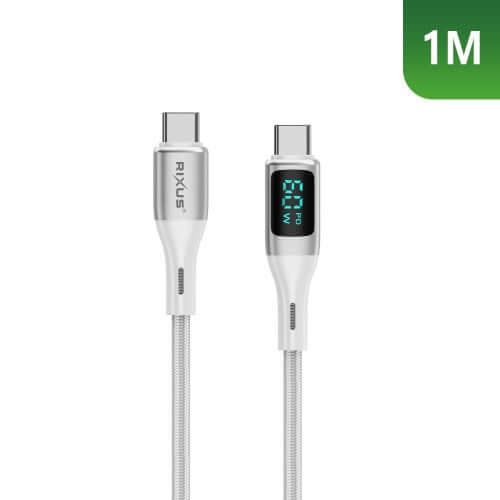 Rixus RXUC29C USB-C kabel met LED-display in wit, 1 meter lang, voor dagelijks gebruik met USB-C apparaten.