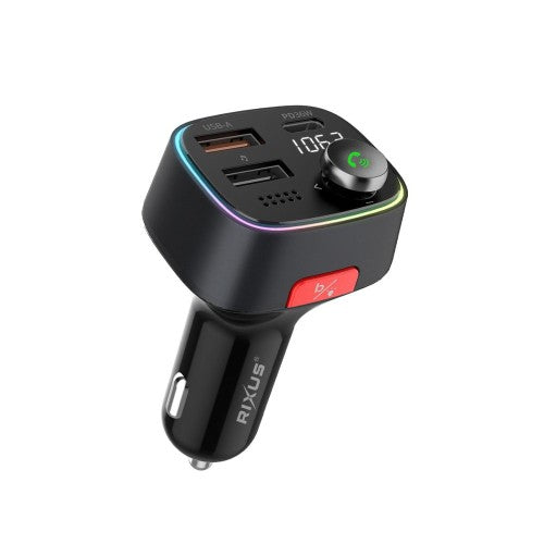 Rixus RXBT28 Bluetooth FM-transmitter voor auto in zwart met USB-poorten en digitale display.