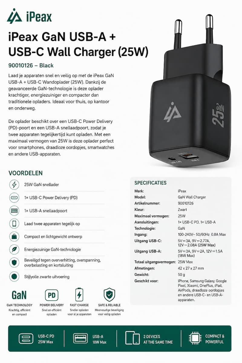 iPeax GaN USB-C + USB-A Wandoplader 25W – Zwart – 90010126