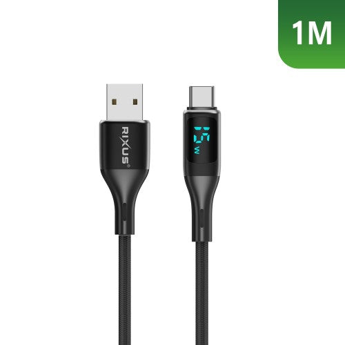 Rixus RXUC28AC USB-A naar USB-C nylon kabel met LED display 1m zwart – productdetail
