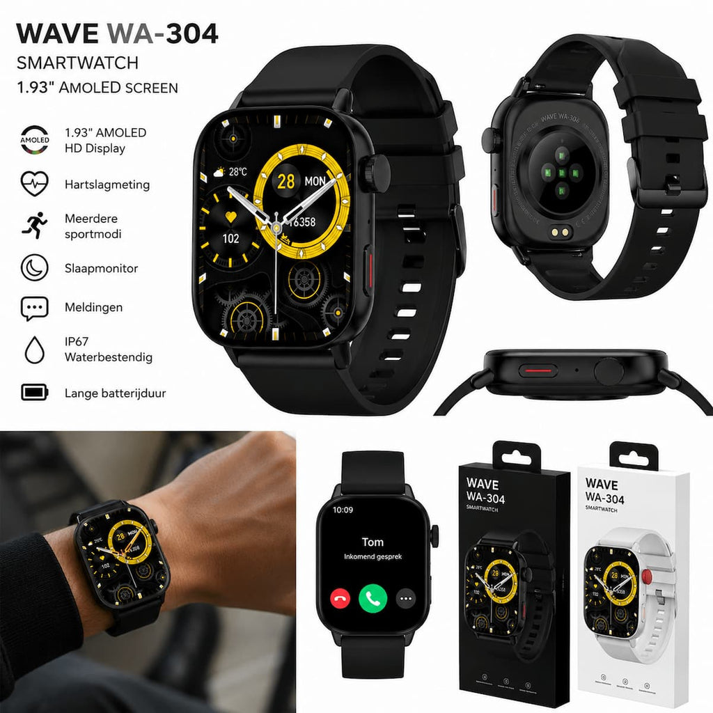 Wave WA-304 Smartwatch met 1.93" AMOLED-scherm – Zwart