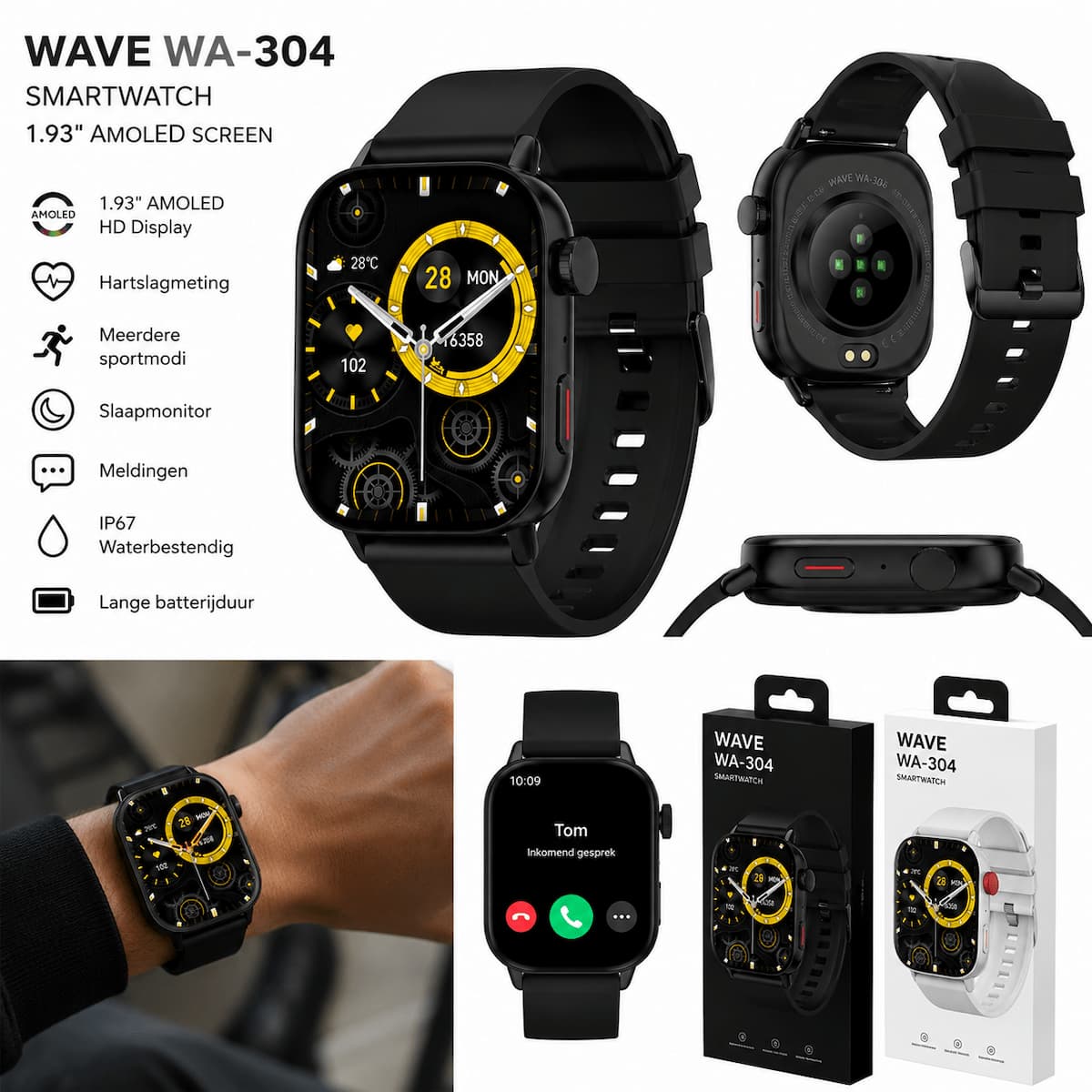 Wave WA-304 Smartwatch met 1.93" AMOLED-scherm – Zwart