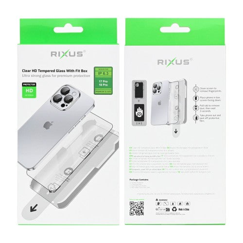Rixus Clear HD Tempered Glass With Fit Box For Apple iPhone 17 Pro, 18 Pro