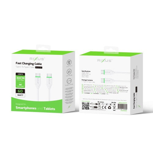 Rixus RXUC13C USB-C naar USB-C snellaadkabel 30cm wit – productdetail