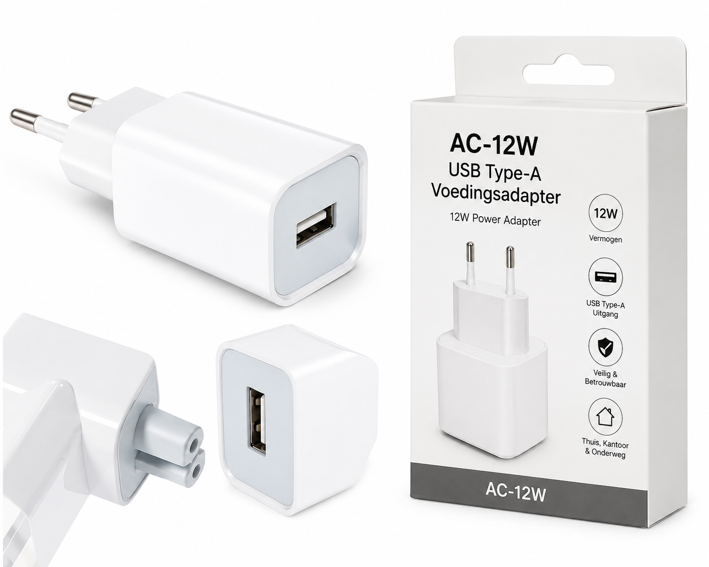 AC-12W USB-A Voedingsadapter – 12W Wandlader – Wit (Met Verpakking)