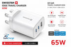 Swissten Edge GaN Travel Charger 65W UK Plug – 2x USB-C PD + USB-A QC3.0 – Wit