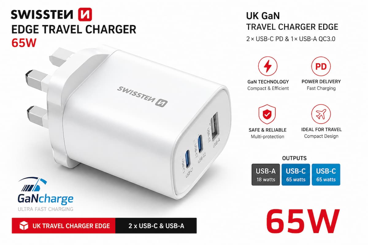 Swissten Edge GaN Travel Charger 65W UK Plug – 2x USB-C PD + USB-A QC3.0 – Wit