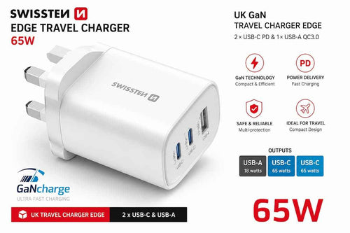 Swissten Edge GaN Travel Charger 65W UK Plug – 2x USB-C PD + USB-A QC3.0 – Wit