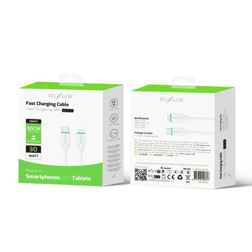Rixus RXUC13L USB-C naar Lightning kabel 30cm 30W wit – verpakking