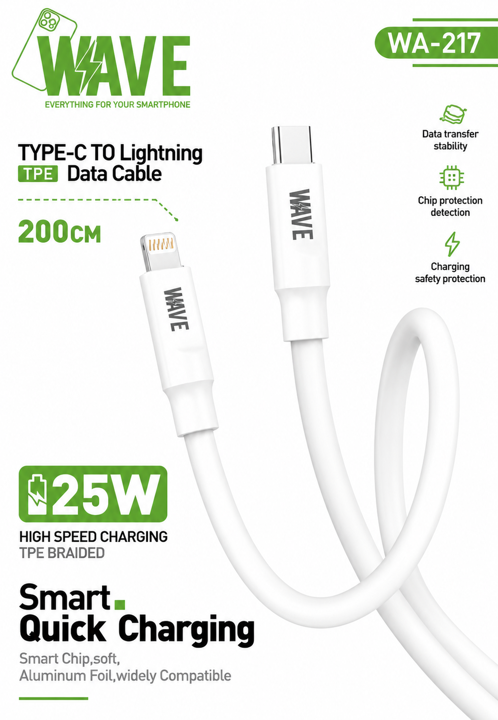 Wave WA-217 USB-C naar Lightning Snellaadkabel 25W – 2 Meter – Wit